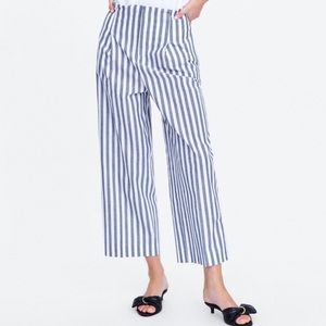 Zara blue and white striped wide leg crop loose fit high waist trousers size XS